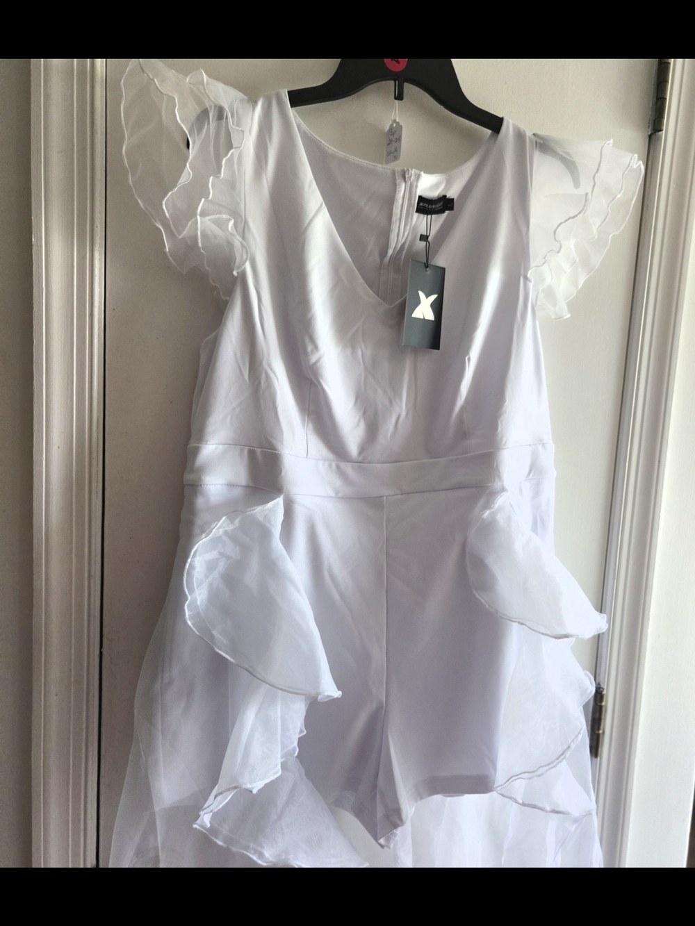 Skirt/Train White Ruffle Romper with Sheer Panel NWT